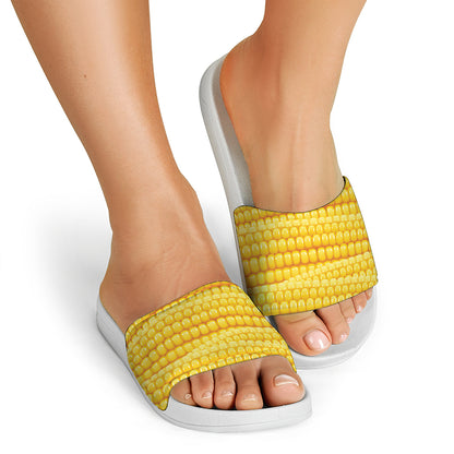 Corn Pattern Print White Slide Sandals
