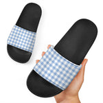 Cornflower Blue And White Gingham Print Black Slide Sandals