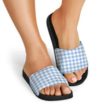 Cornflower Blue And White Gingham Print Black Slide Sandals