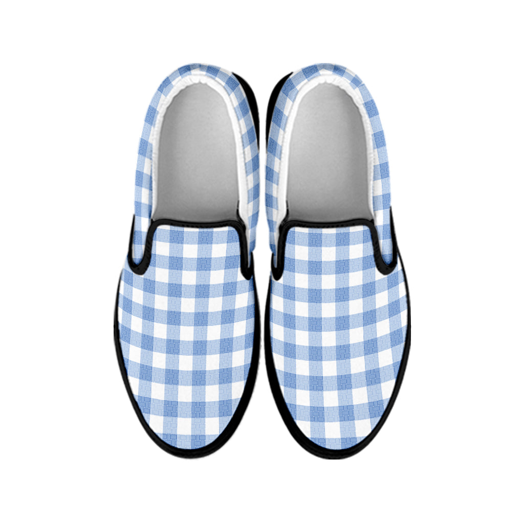 Cornflower Blue And White Gingham Print Black Slip On Shoes