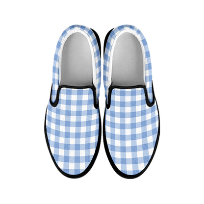 Cornflower Blue And White Gingham Print Black Slip On Shoes