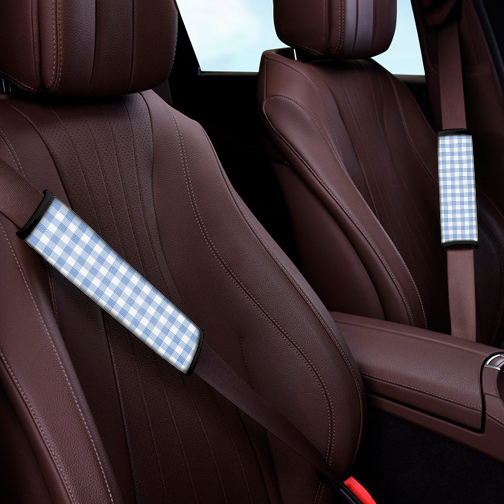 Cornflower Blue And White Gingham Print Car Seat Belt Covers