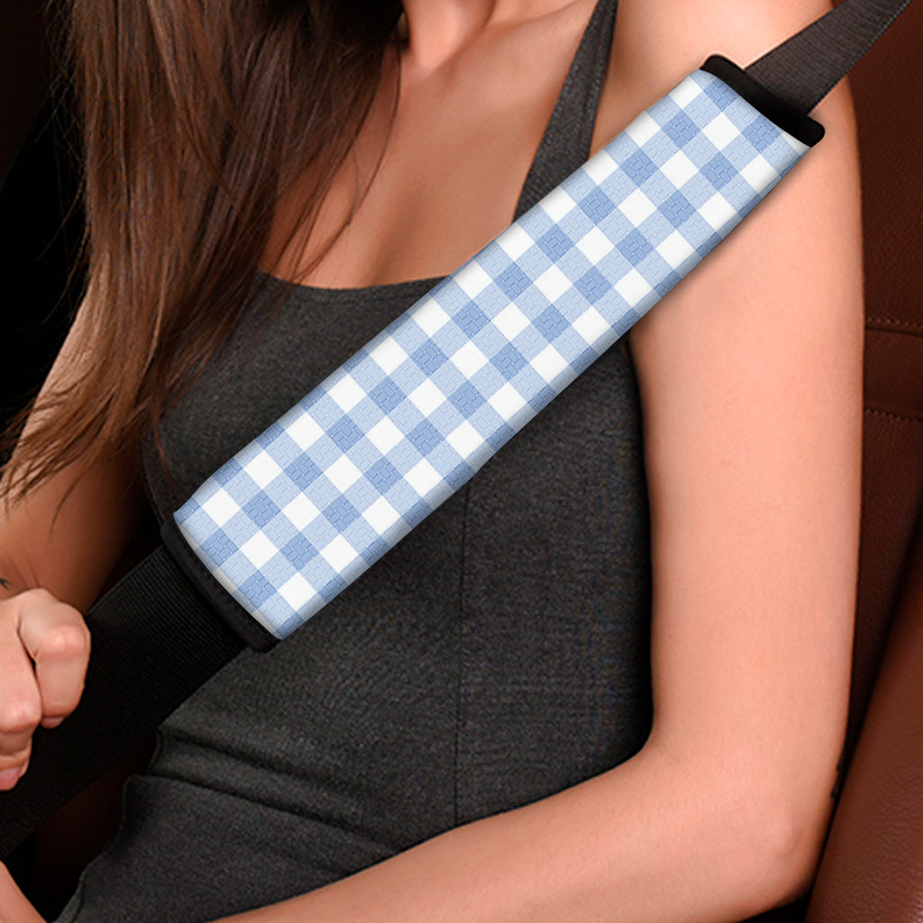 Cornflower Blue And White Gingham Print Car Seat Belt Covers
