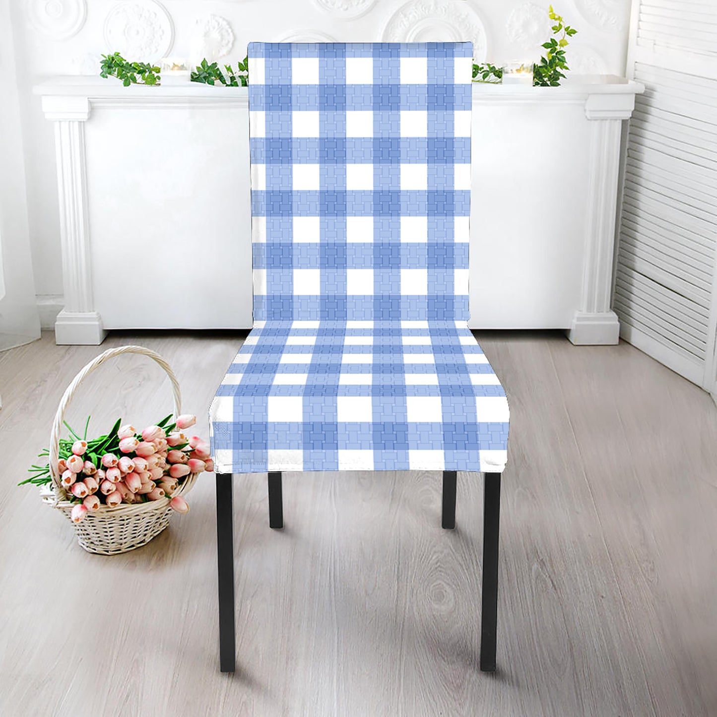 Cornflower Blue And White Gingham Print Dining Chair Slipcover