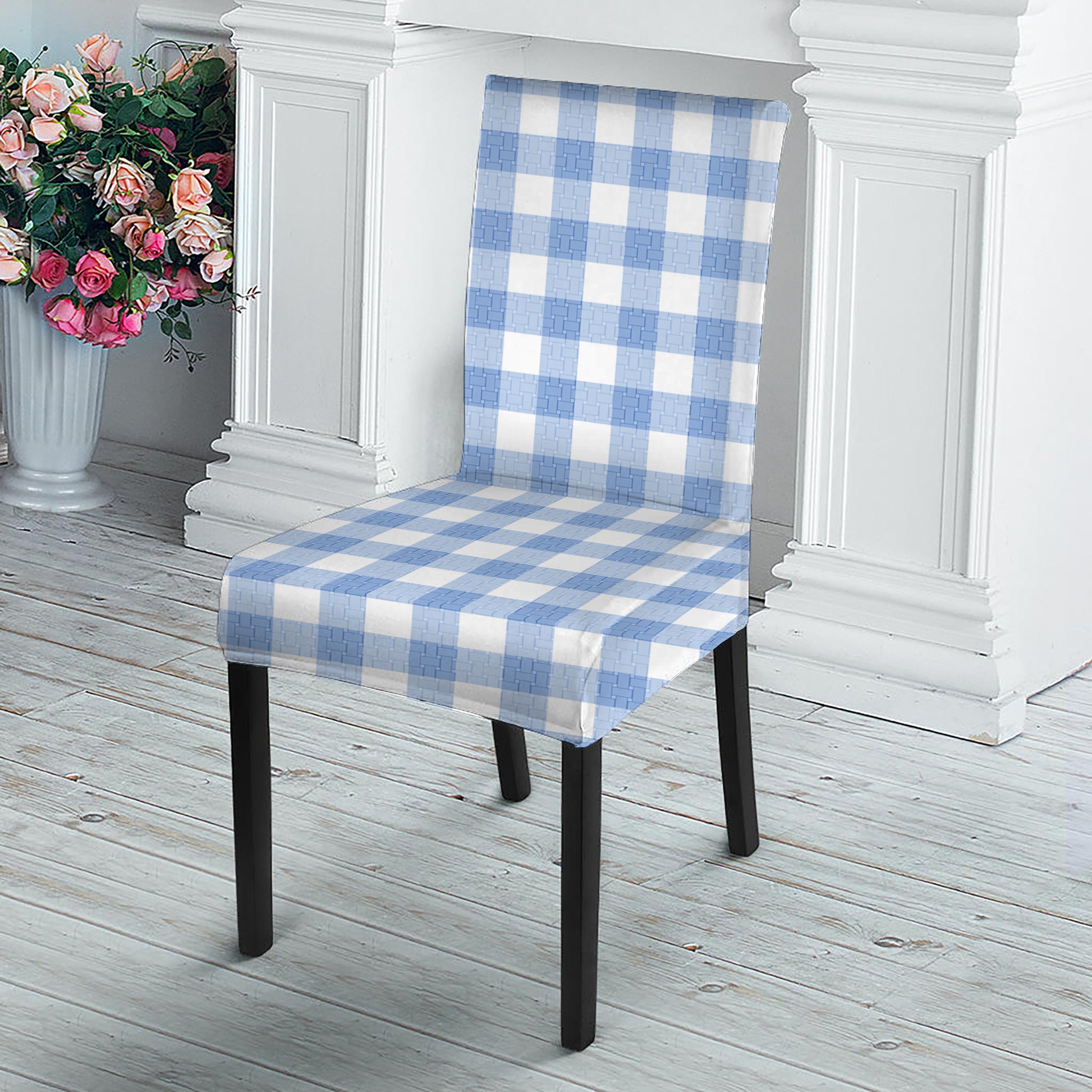 Cornflower Blue And White Gingham Print Dining Chair Slipcover