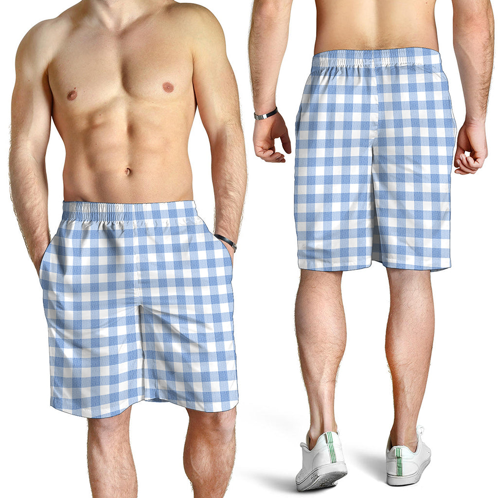 Cornflower Blue And White Gingham Print Men's Shorts