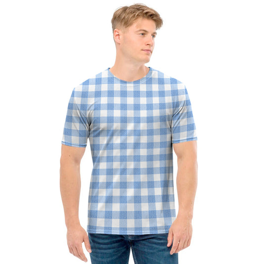 Cornflower Blue And White Gingham Print Men's T-Shirt