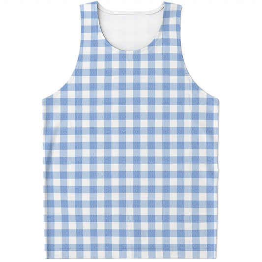 Cornflower Blue And White Gingham Print Men's Tank Top