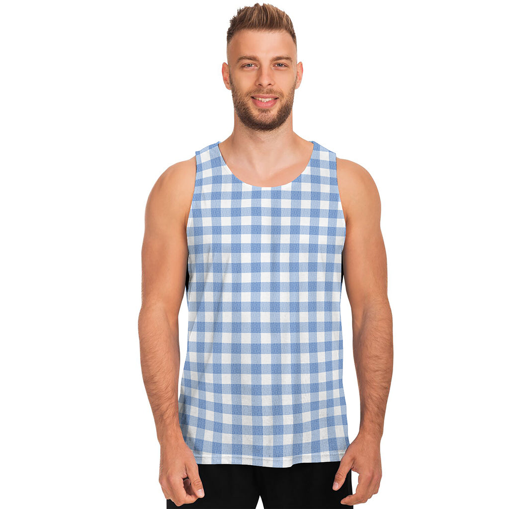 Cornflower Blue And White Gingham Print Men's Tank Top