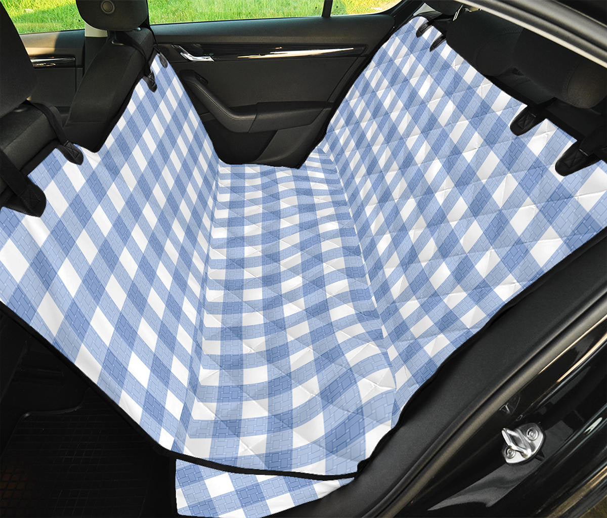 Cornflower Blue And White Gingham Print Pet Car Back Seat Cover