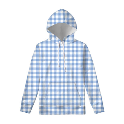 Cornflower Blue And White Gingham Print Pullover Hoodie