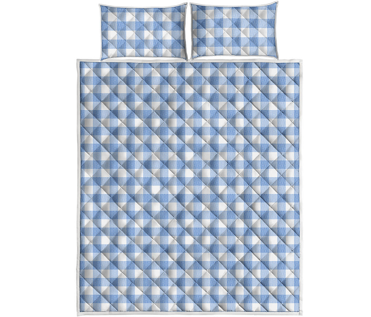 Cornflower Blue And White Gingham Print Quilt Bed Set