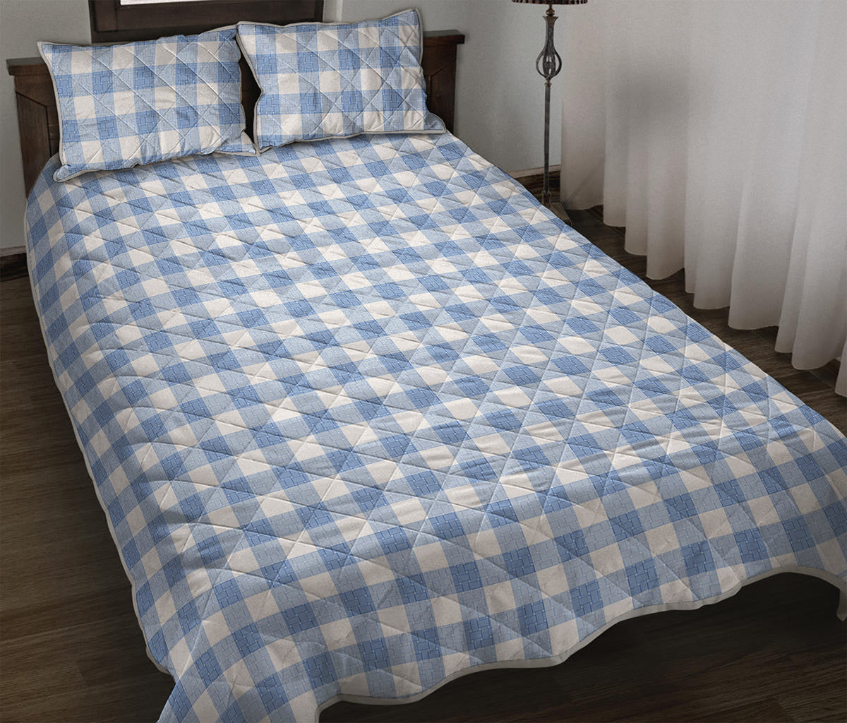 Cornflower Blue And White Gingham Print Quilt Bed Set