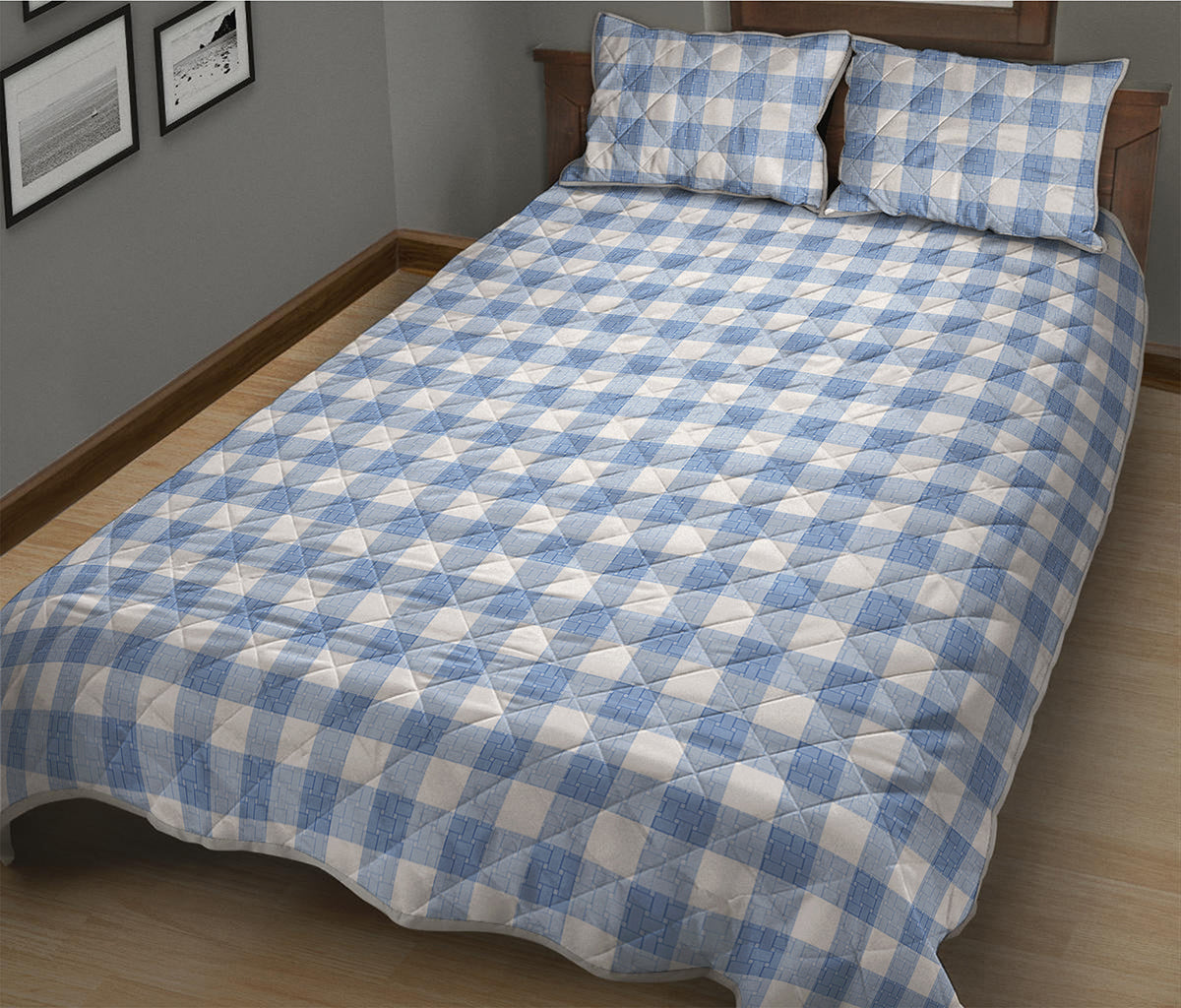 Cornflower Blue And White Gingham Print Quilt Bed Set