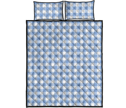 Cornflower Blue And White Gingham Print Quilt Bed Set