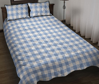 Cornflower Blue And White Gingham Print Quilt Bed Set