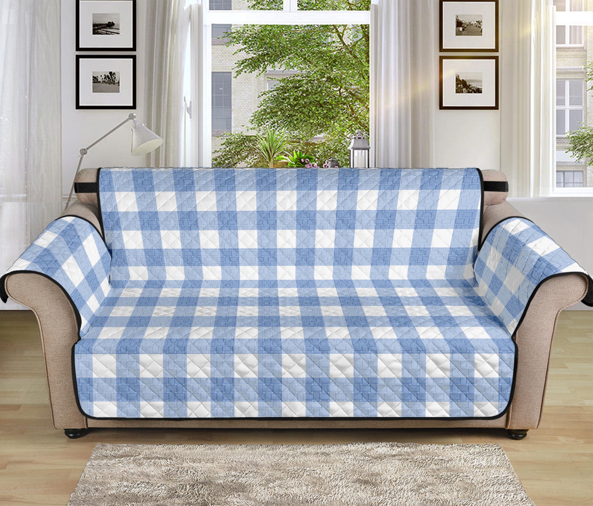 Cornflower Blue And White Gingham Print Sofa Protector