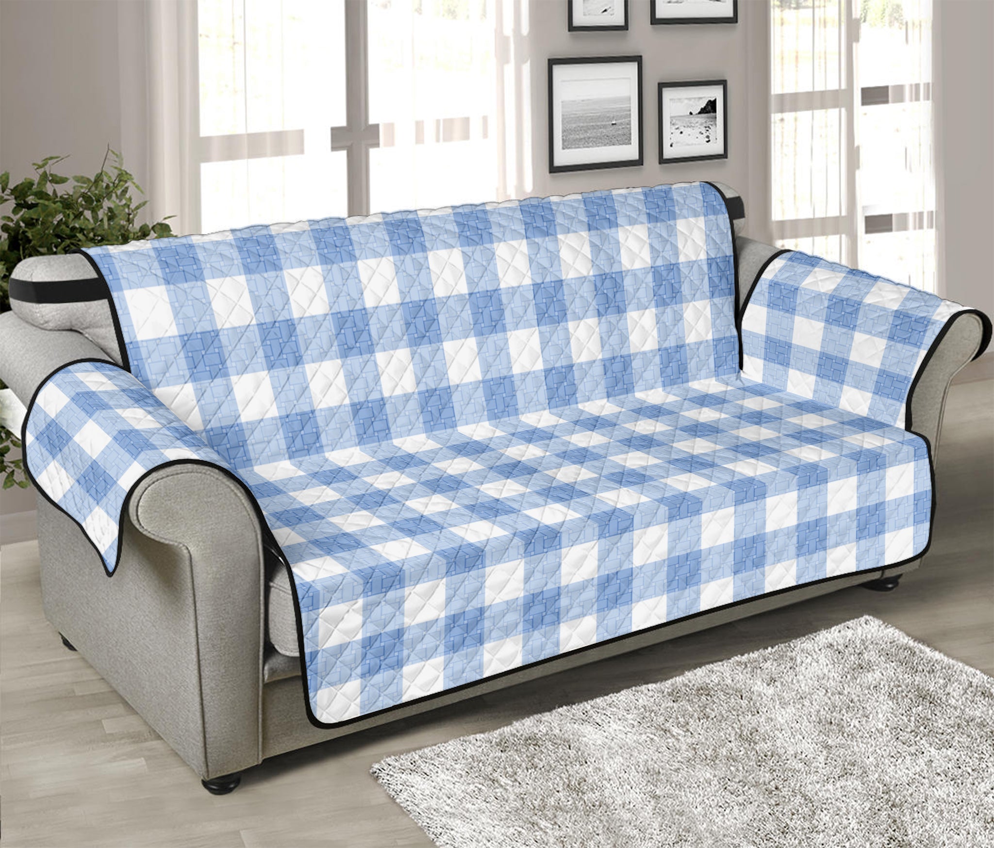 Cornflower Blue And White Gingham Print Sofa Protector