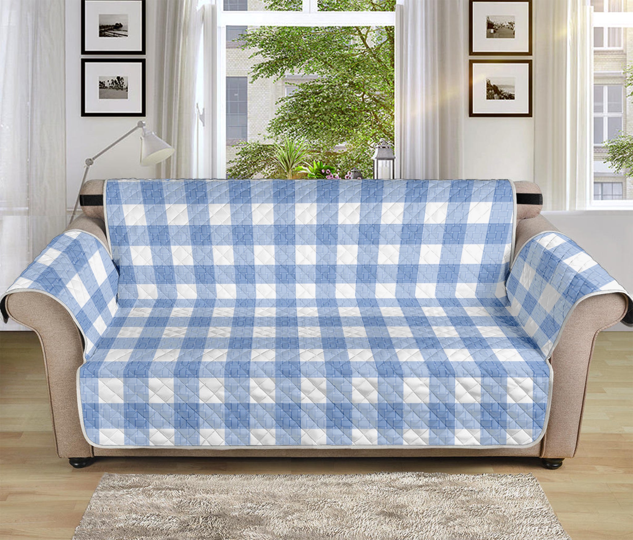 Cornflower Blue And White Gingham Print Sofa Protector