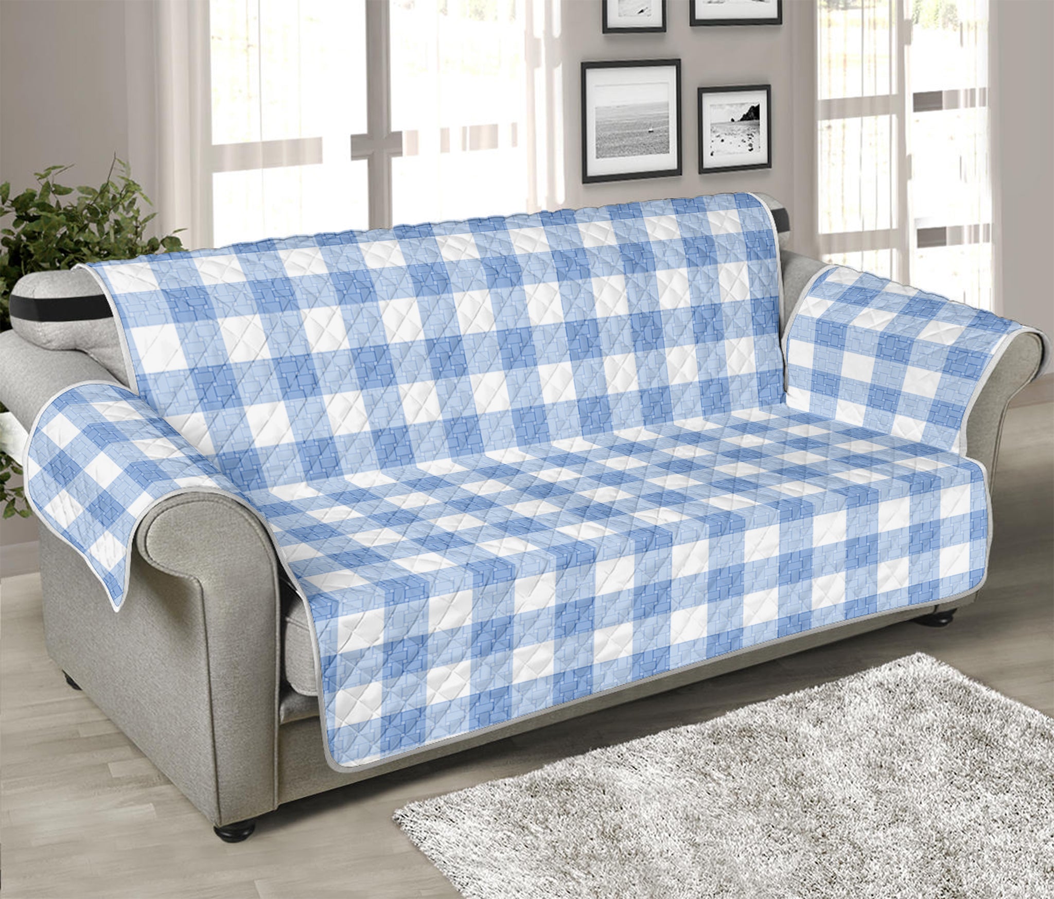 Cornflower Blue And White Gingham Print Sofa Protector