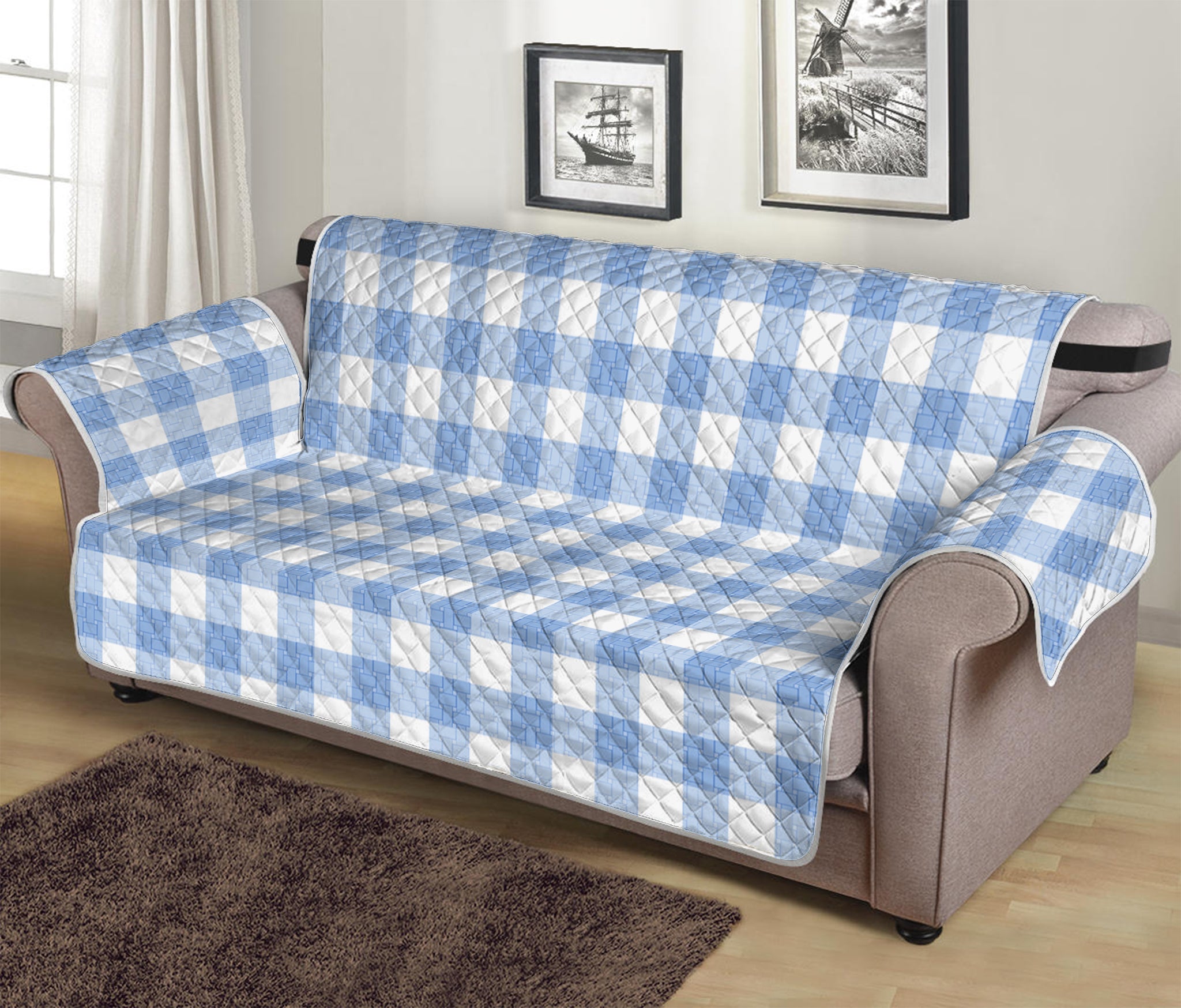 Cornflower Blue And White Gingham Print Sofa Protector