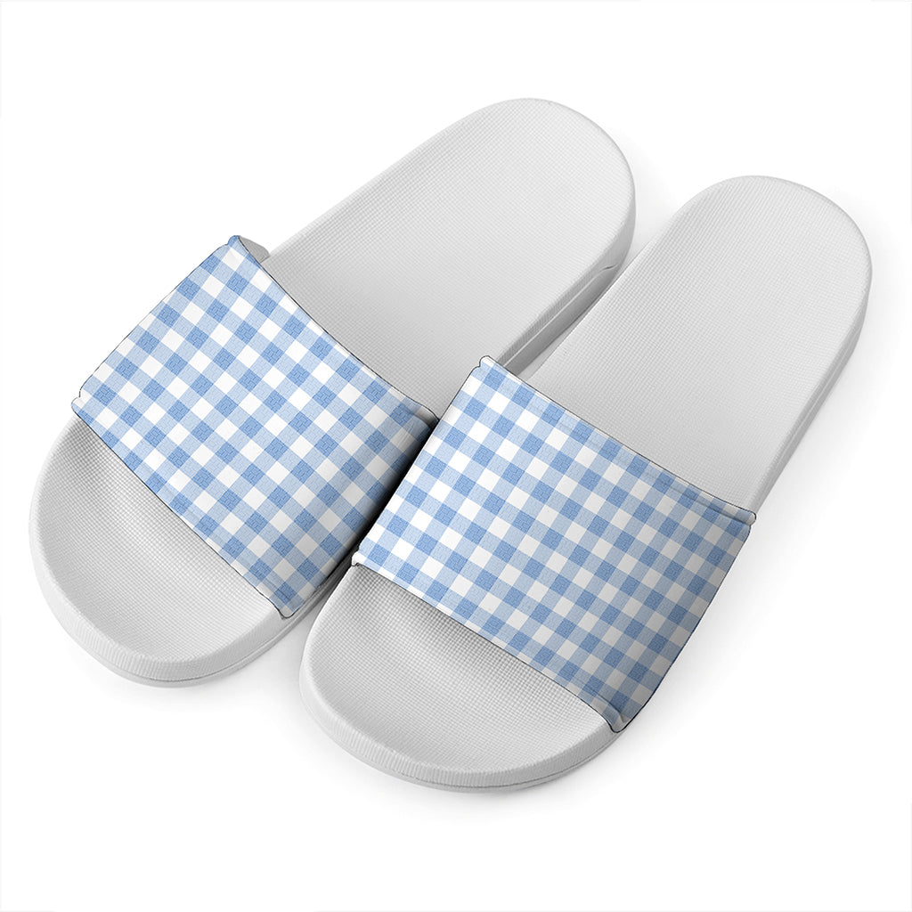 Cornflower Blue And White Gingham Print White Slide Sandals
