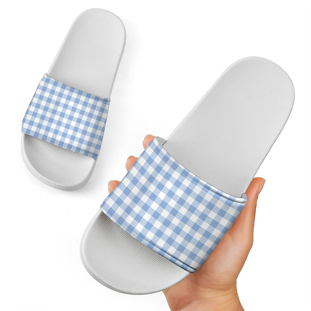 Cornflower Blue And White Gingham Print White Slide Sandals