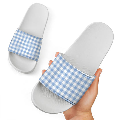 Cornflower Blue And White Gingham Print White Slide Sandals