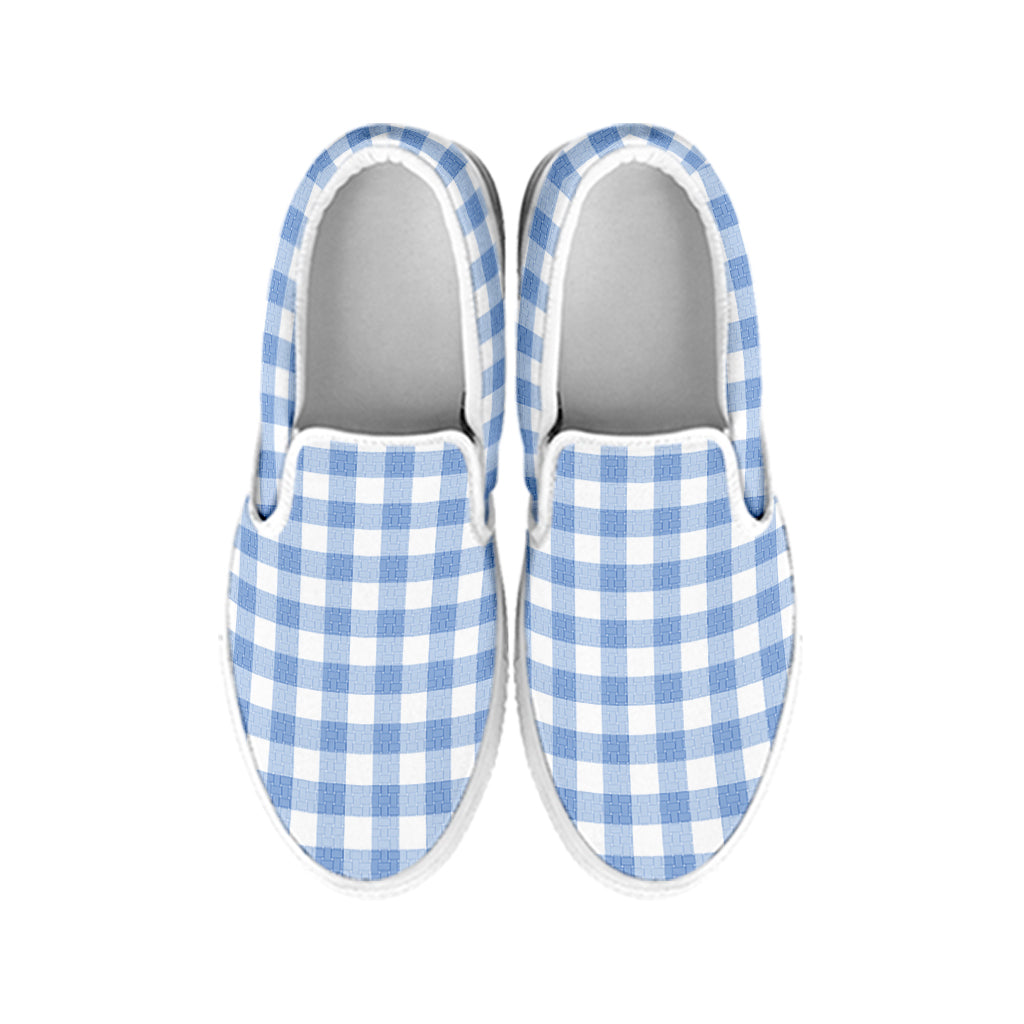 Cornflower Blue And White Gingham Print White Slip On Shoes