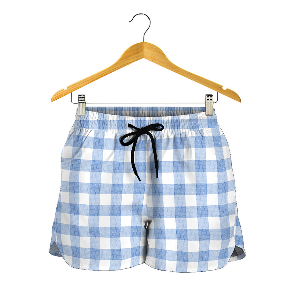 Cornflower Blue And White Gingham Print Women's Shorts
