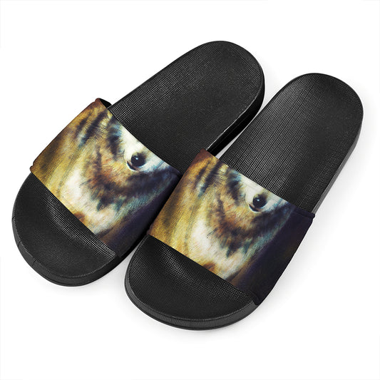 Cosmic Wolf Portrait Print Black Slide Sandals