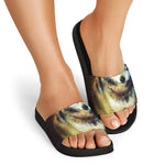 Cosmic Wolf Portrait Print Black Slide Sandals