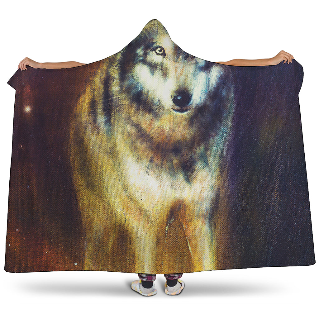 Cosmic Wolf Portrait Print Hooded Blanket