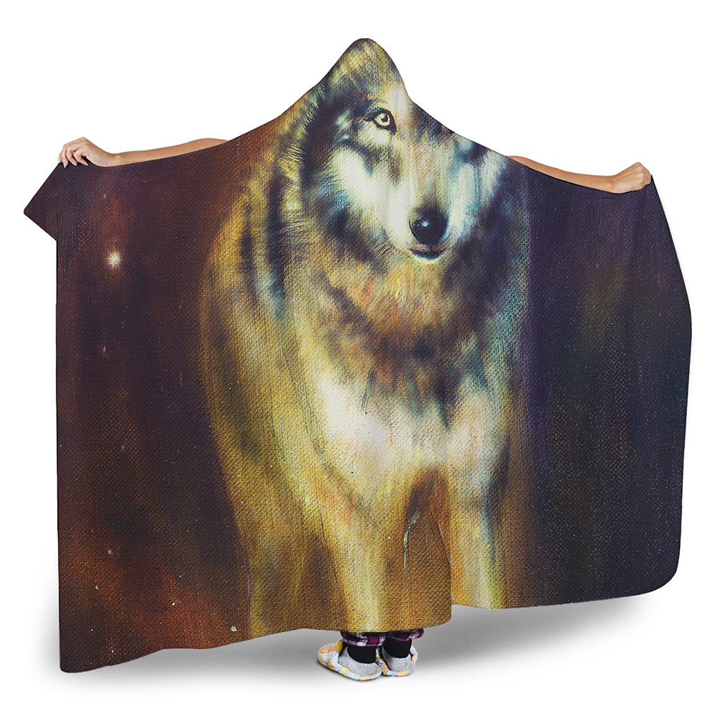 Cosmic Wolf Portrait Print Hooded Blanket