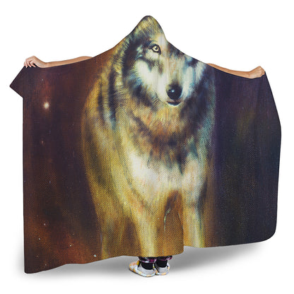Cosmic Wolf Portrait Print Hooded Blanket
