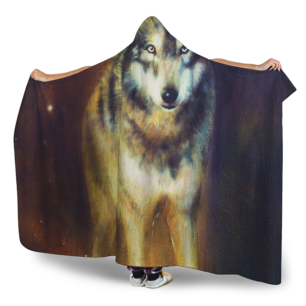 Cosmic Wolf Portrait Print Hooded Blanket