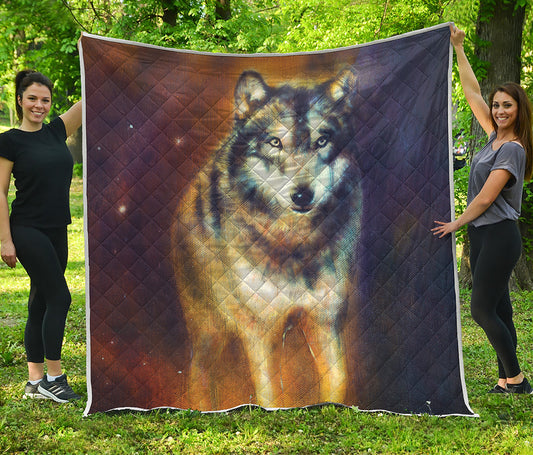 Cosmic Wolf Portrait Print Quilt