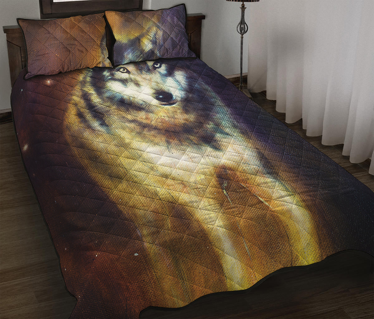 Cosmic Wolf Portrait Print Quilt Bed Set