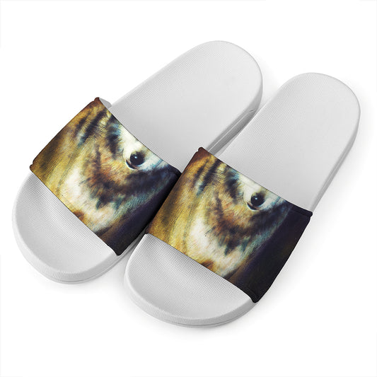 Cosmic Wolf Portrait Print White Slide Sandals