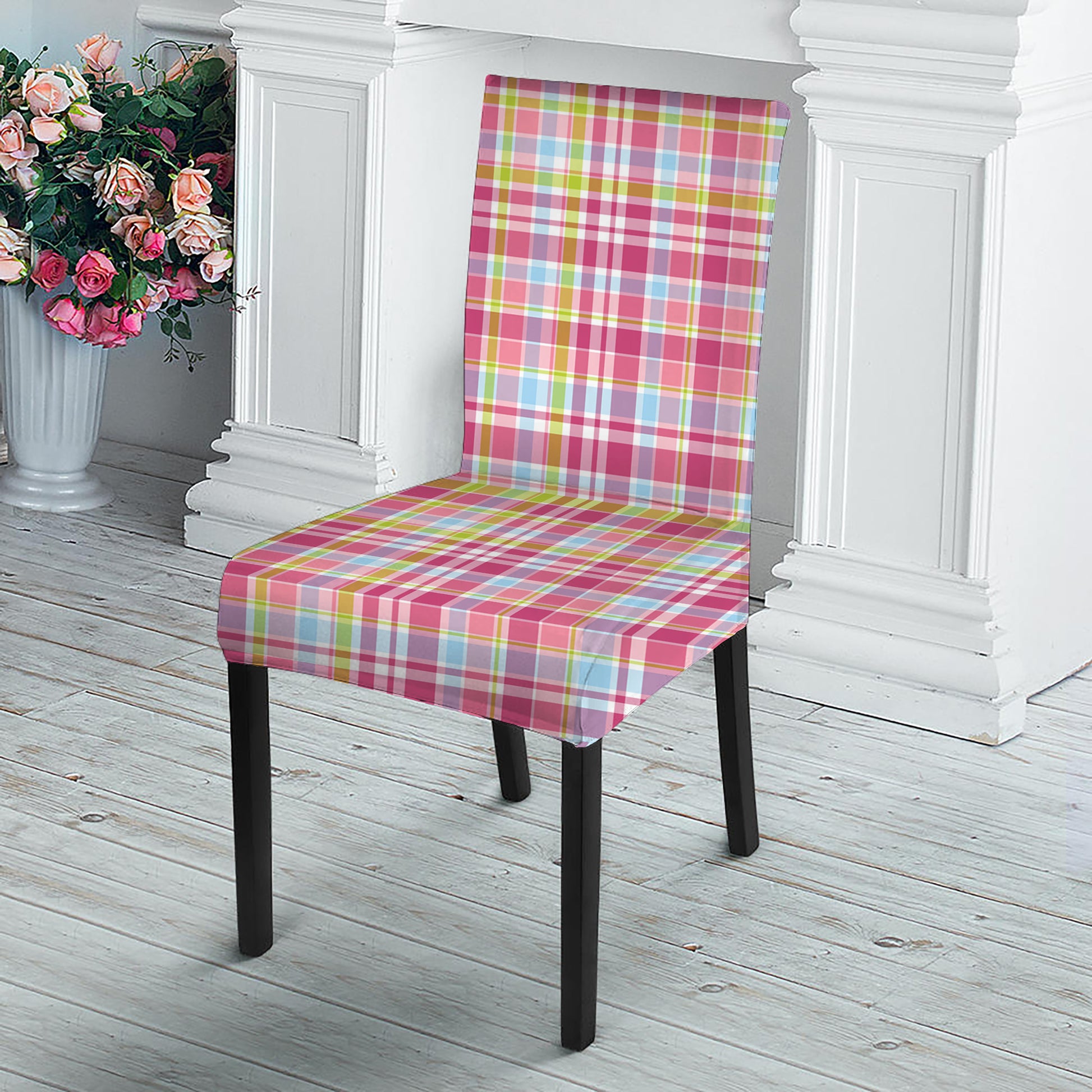 Cotton Candy Pastel Plaid Pattern Print Dining Chair Slipcover