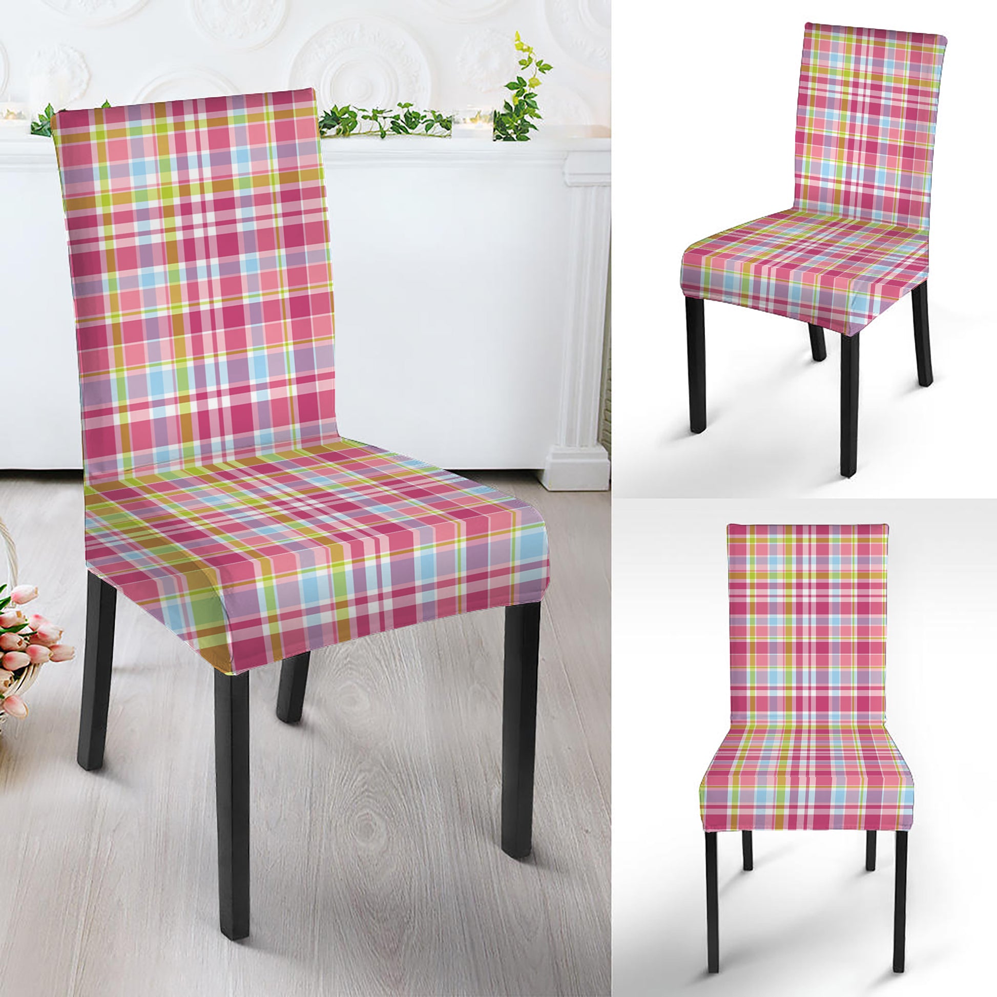 Cotton Candy Pastel Plaid Pattern Print Dining Chair Slipcover