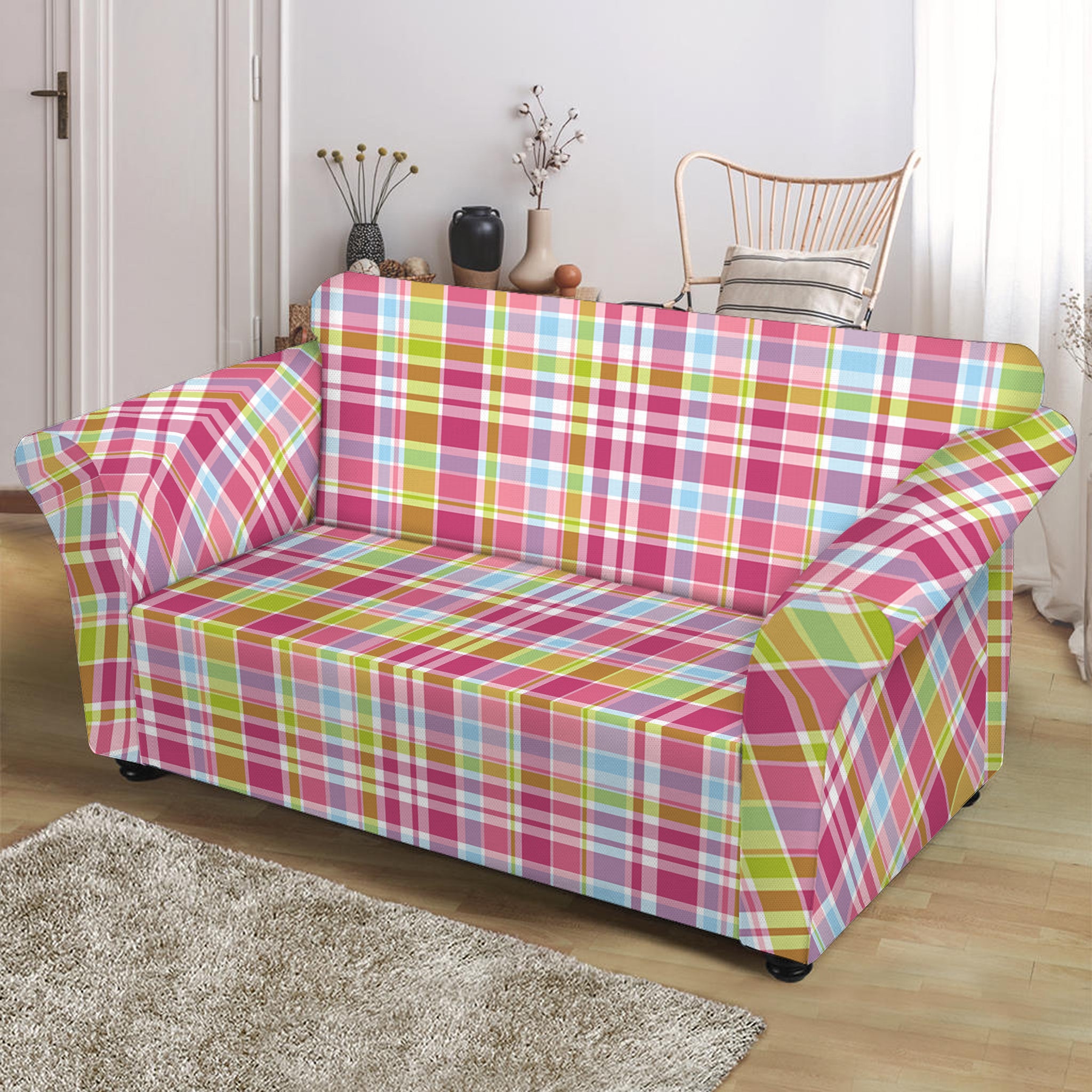 Cotton Candy Pastel Plaid Pattern Print Loveseat Slipcover