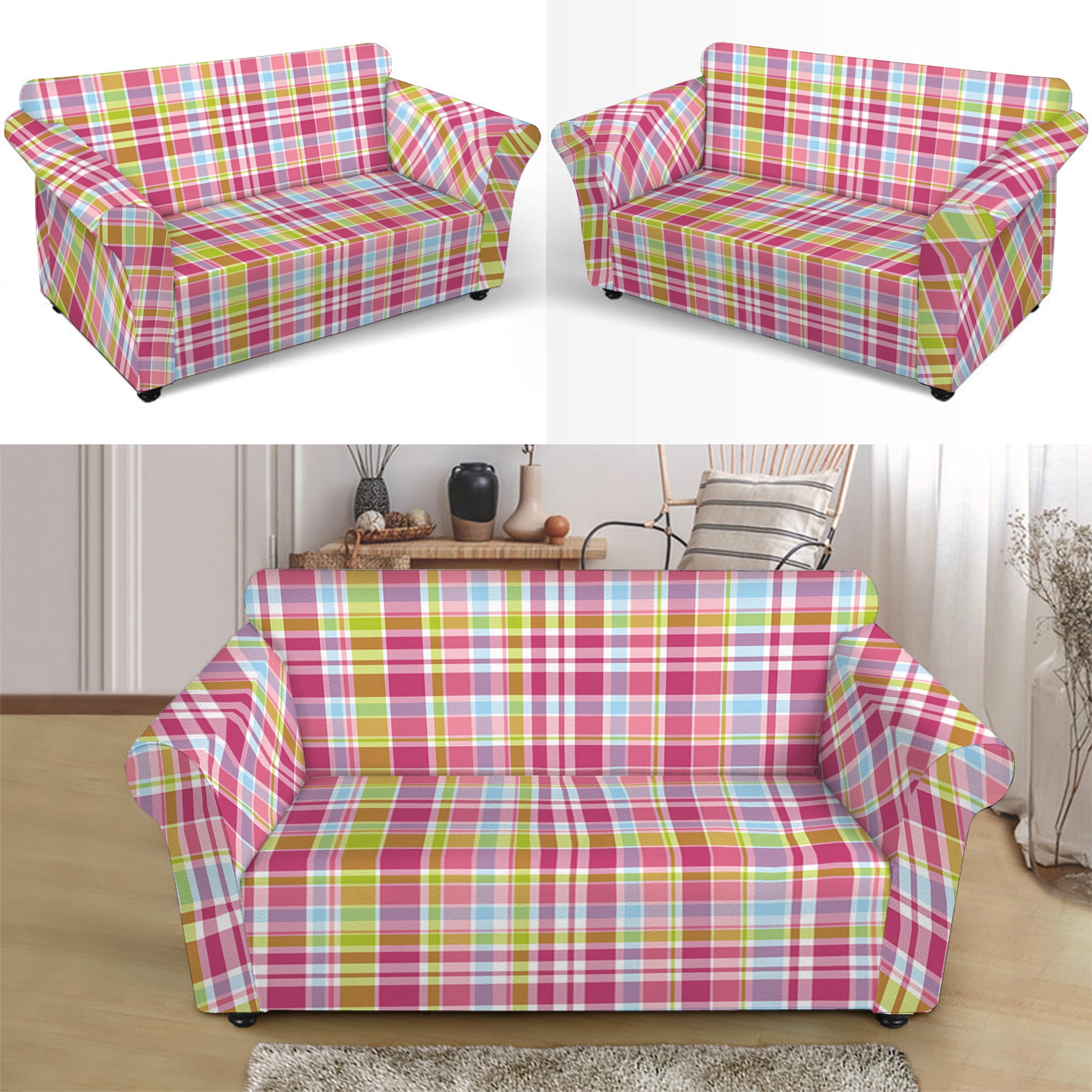 Cotton Candy Pastel Plaid Pattern Print Loveseat Slipcover