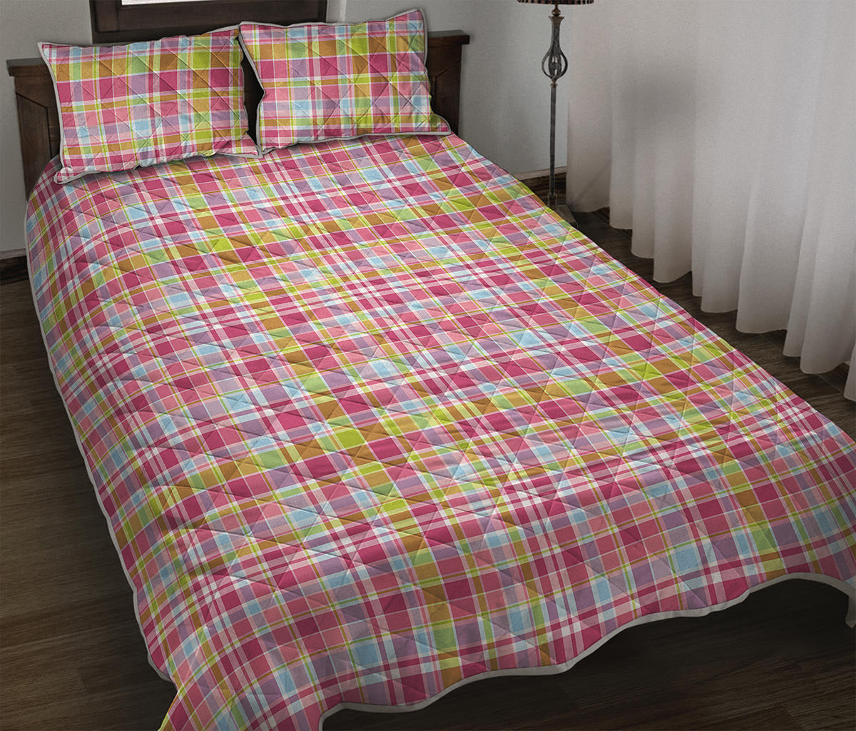 Cotton Candy Pastel Plaid Pattern Print Quilt Bed Set