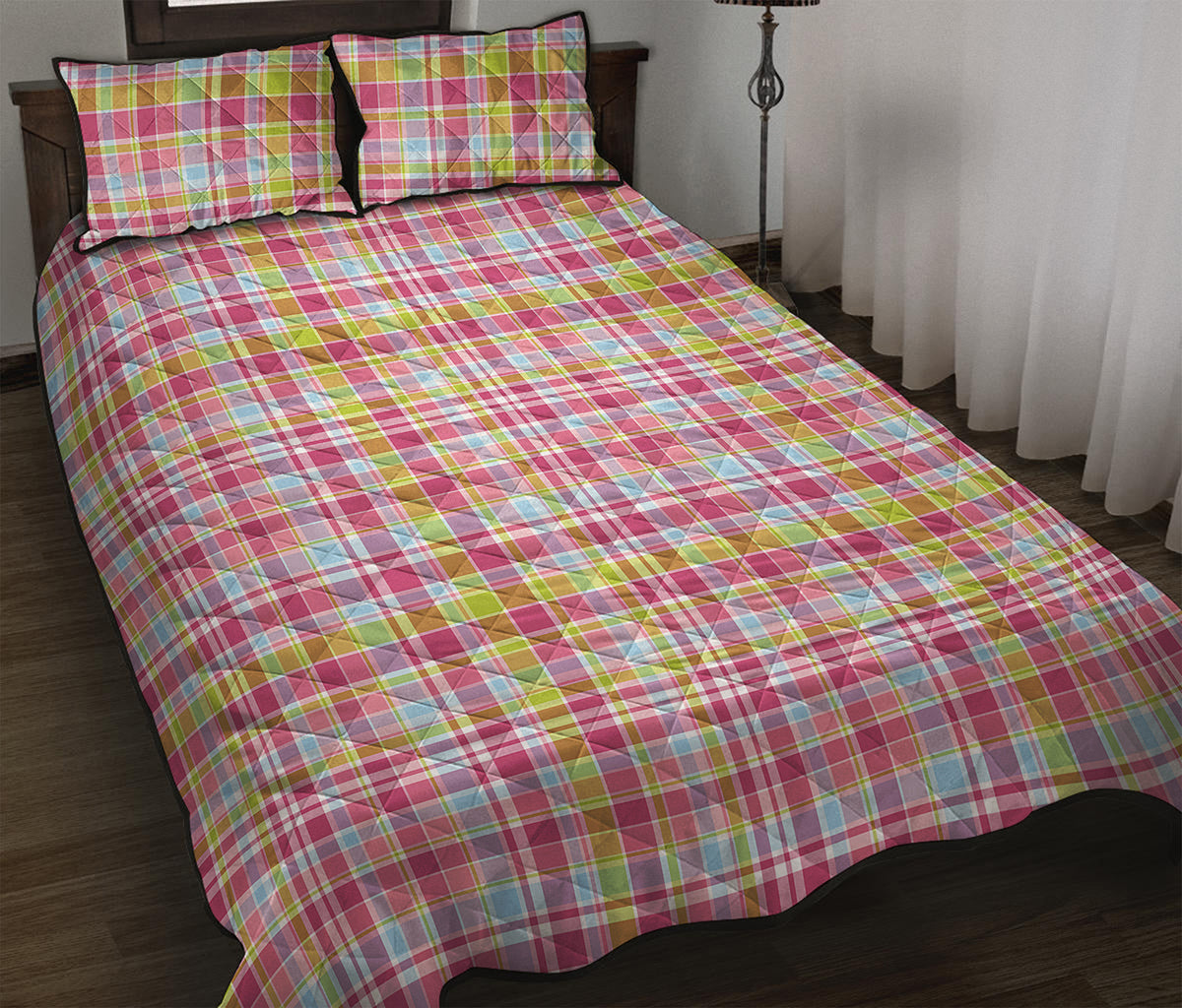 Cotton Candy Pastel Plaid Pattern Print Quilt Bed Set