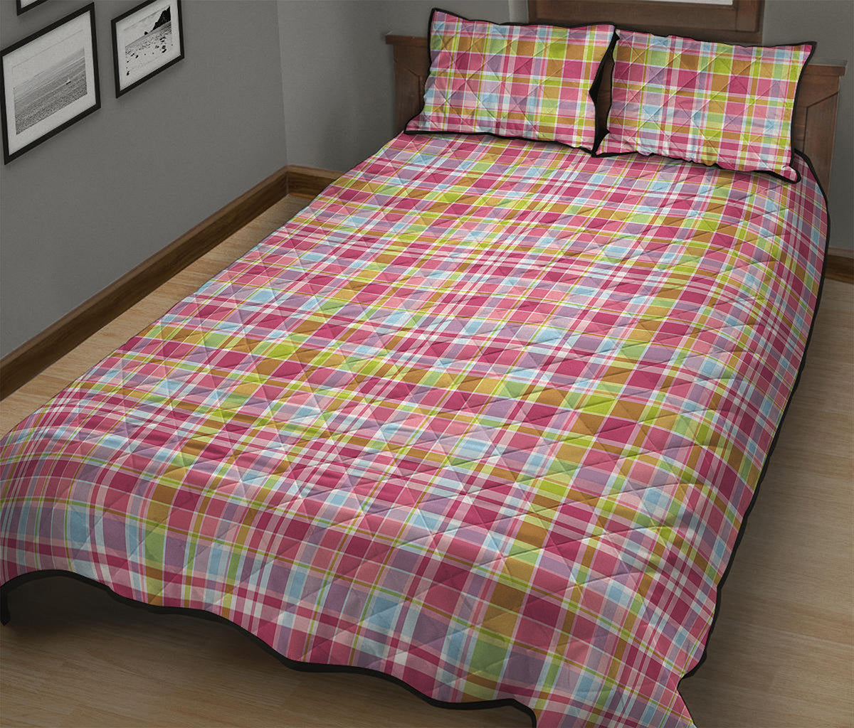 Cotton Candy Pastel Plaid Pattern Print Quilt Bed Set