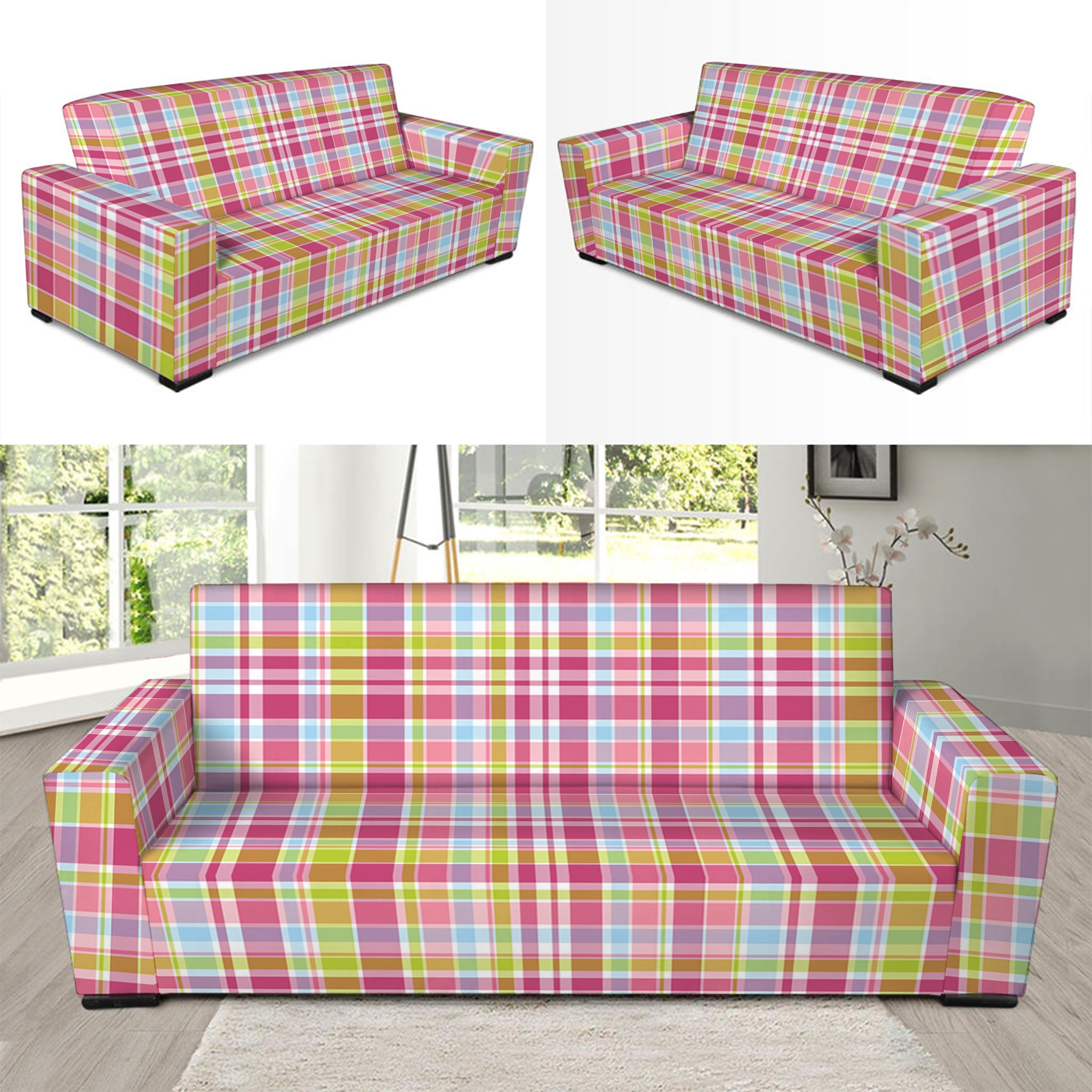 Cotton Candy Pastel Plaid Pattern Print Sofa Slipcover