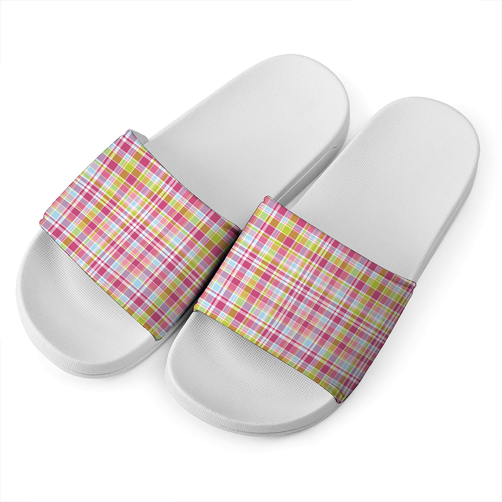 Cotton Candy Pastel Plaid Pattern Print White Slide Sandals