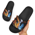 Couple Horses Painting Print Black Slide Sandals