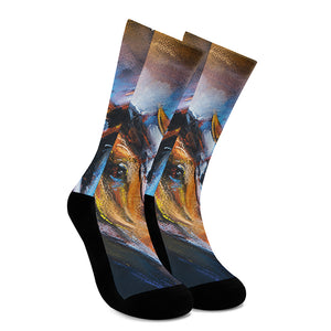 Couple Horses Painting Print Crew Socks